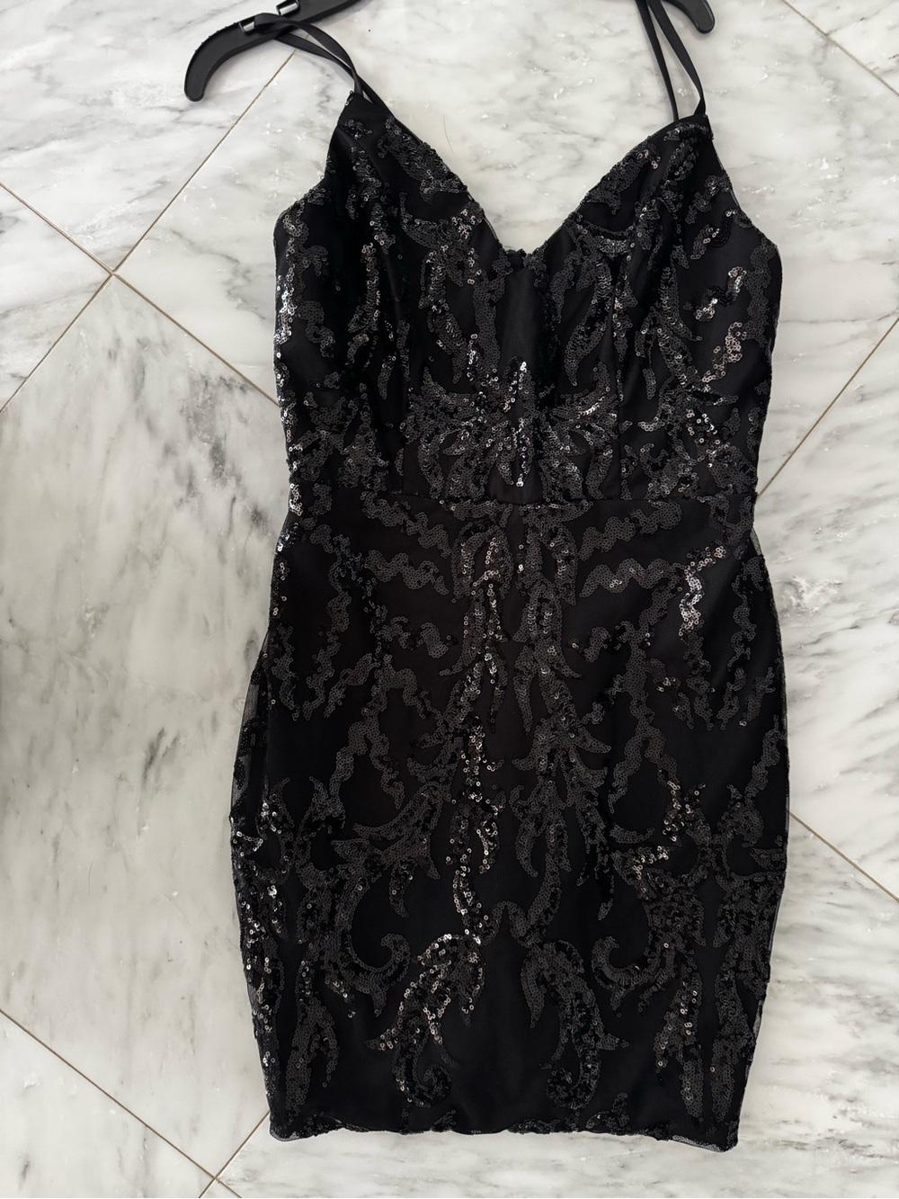 Black Sequin Spaghetti-Strap Evening Dress